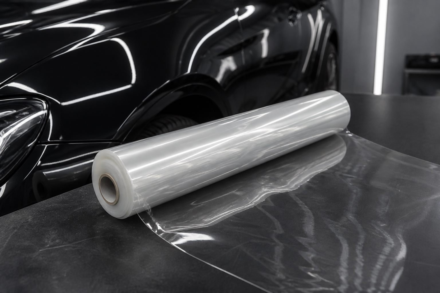 Clear PPF roll beside a dark vehicle panel
